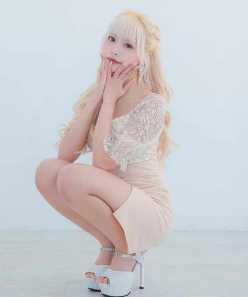 myMinette(マイミネット)の「キャバドレス ミニ タイト 五分袖 レース ウエストベルト切替 ラップスカートドレス(ドレス・レディース・ホワイト×ブラック/ベージュ・LARGE/MEDIUM/SMALL)」の14枚目の写真
