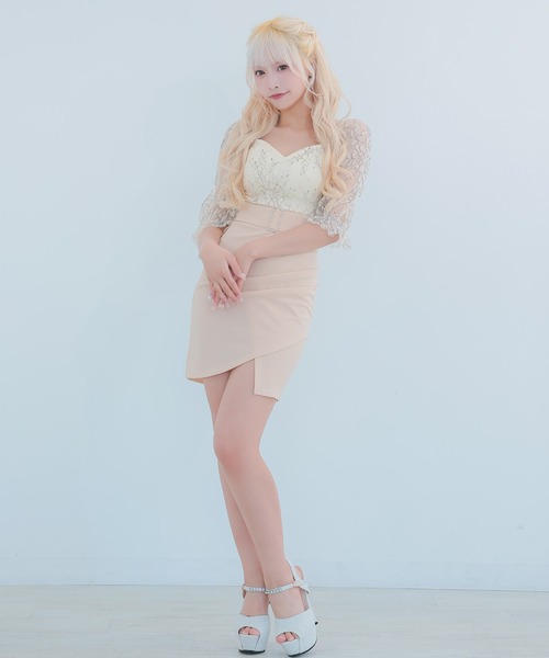 myMinette(マイミネット)の「キャバドレス ミニ タイト 五分袖 レース ウエストベルト切替 ラップスカートドレス(ドレス・レディース・ホワイト×ブラック/ベージュ・LARGE/MEDIUM/SMALL)」の15枚目の写真