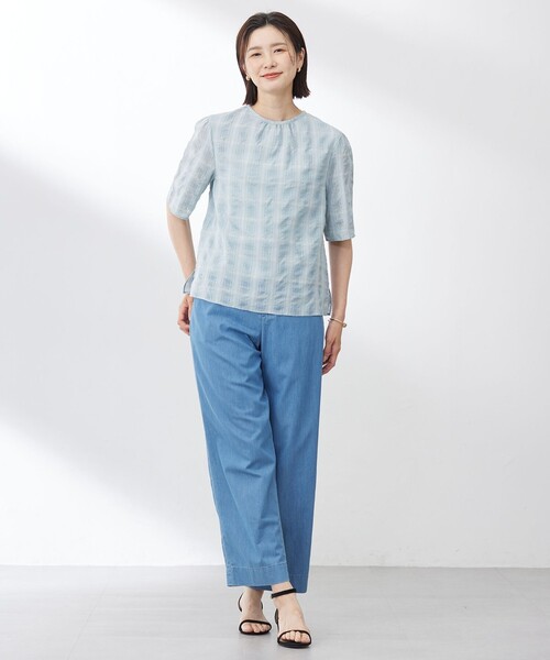 セール】【洗える】SHEER チェック フレアスリーブ ブラウス（シャツ