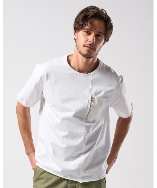 wjk(ダヴルジェイケイ)の「【LEON×B'2nd×wjk】cool touch zip-eco leather pocket S/S(Tシャツ/カットソー・メンズ・ホワイト/ブラック・LARGE/MEDIUM/SMALL/X-LARGE)」の2枚目の写真