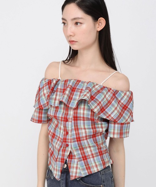 3.3 Field Trip (3.3フィールドトリップ)の「3.3 Field Trip/チェックオフショルブラウス(シャツ/ブラウス・レディース・ネイビー/レッド/イエロー/ブラウン・FREE)」の1枚目の写真