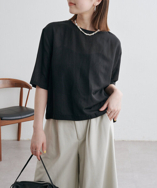 Omekashi（オメカシ）の「シアーTブラウス（シャツ/ブラウス・レディース・イエロー/オフホワイト/ピンク/ブラック・FREE）」の3枚目の写真