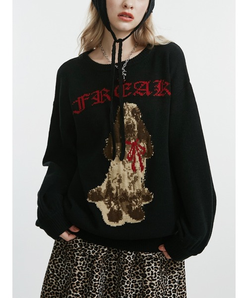 jouetie（ジュエティ）の「DOGジャガードルーズニット（ニット/セーター・レディース・レッド/グレー/ブラック・MEDIUM）」の2枚目の写真