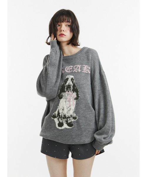 完売品 jouetie DOGジャガードルーズニット グレー ジュエティ 犬 DOGジャガードルーズニット（ニット/セーター）｜jouetie