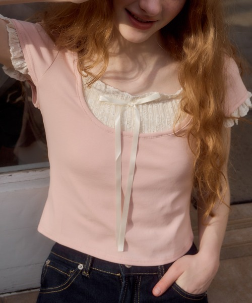 Birthday room（バースデイルーム）の「レースレイヤードライクトップス/lace layered tops（Tシャツ/カットソー・レディース・グレー/ライトブルー/ピンク・FREE）」の3枚目の写真