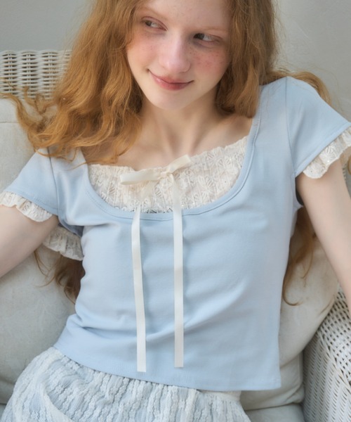 Birthday room（バースデイルーム）の「レースレイヤードライクトップス/lace layered tops（Tシャツ/カットソー・レディース・グレー/ライトブルー/ピンク・FREE）」の2枚目の写真