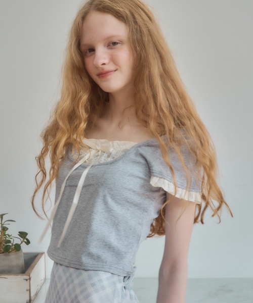 Birthday room（バースデイルーム）の「レースレイヤードライクトップス/lace layered tops（Tシャツ/カットソー・レディース・グレー/ライトブルー/ピンク・FREE）」の4枚目の写真