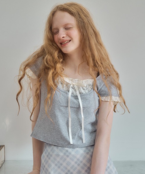Birthday room（バースデイルーム）の「レースレイヤードライクトップス/lace layered tops（Tシャツ/カットソー・レディース・グレー/ライトブルー/ピンク・FREE）」の5枚目の写真