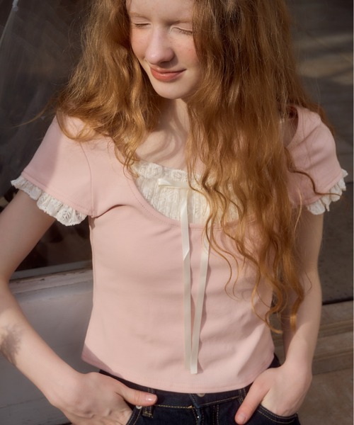 Birthday room（バースデイルーム）の「レースレイヤードライクトップス/lace layered tops（Tシャツ/カットソー・レディース・グレー/ライトブルー/ピンク・FREE）」の19枚目の写真