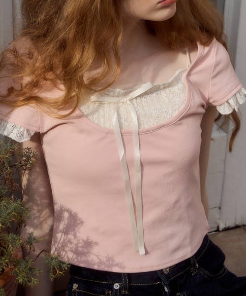 Birthday room（バースデイルーム）の「レースレイヤードライクトップス/lace layered tops（Tシャツ/カットソー・レディース・グレー/ライトブルー/ピンク・FREE）」の22枚目の写真
