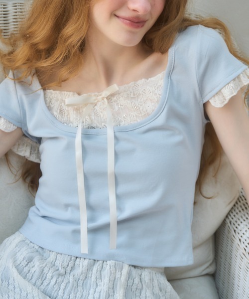 Birthday room（バースデイルーム）の「レースレイヤードライクトップス/lace layered tops（Tシャツ/カットソー・レディース・グレー/ライトブルー/ピンク・FREE）」の15枚目の写真