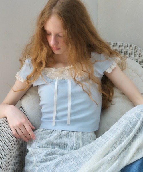 Birthday room（バースデイルーム）の「レースレイヤードライクトップス/lace layered tops（Tシャツ/カットソー・レディース・グレー/ライトブルー/ピンク・FREE）」の10枚目の写真