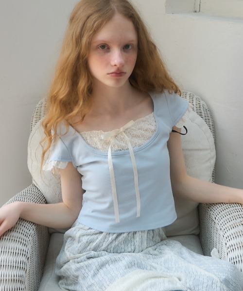 Birthday room（バースデイルーム）の「レースレイヤードライクトップス/lace layered tops（Tシャツ/カットソー・レディース・グレー/ライトブルー/ピンク・FREE）」の9枚目の写真