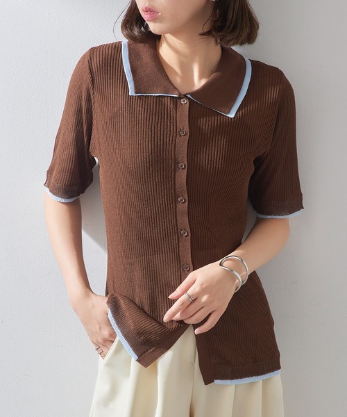 MAISON BREEZE reveur（メゾンブリーズレヴール）の「【MAISON BREEZE reveur】配色リブニットポロシャツ DTK（ポロシャツ・レディース・チャコールグレー/グレー/ブラウン/アイボリー・FREE）」の4枚目の写真