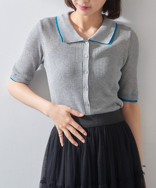 MAISON BREEZE reveur（メゾンブリーズレヴール）の「【MAISON BREEZE reveur】配色リブニットポロシャツ DTK（ポロシャツ・レディース・チャコールグレー/グレー/ブラウン/アイボリー・FREE）」の3枚目の写真