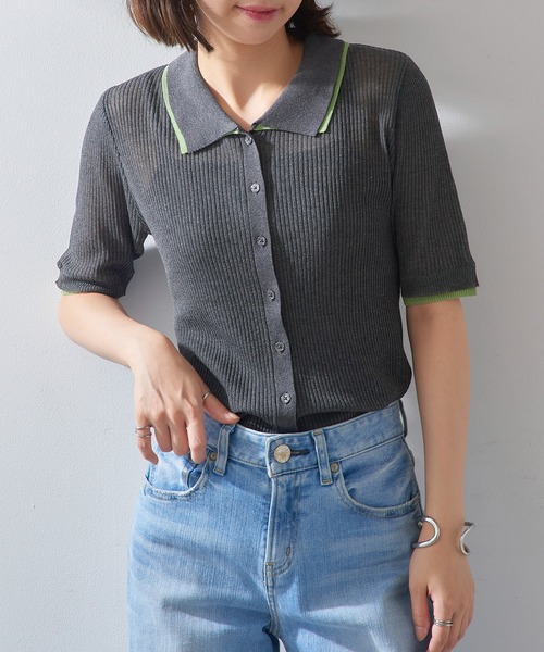 MAISON BREEZE reveur（メゾンブリーズレヴール）の「【MAISON BREEZE reveur】配色リブニットポロシャツ DTK（ポロシャツ・レディース・チャコールグレー/グレー/ブラウン/アイボリー・FREE）」の5枚目の写真