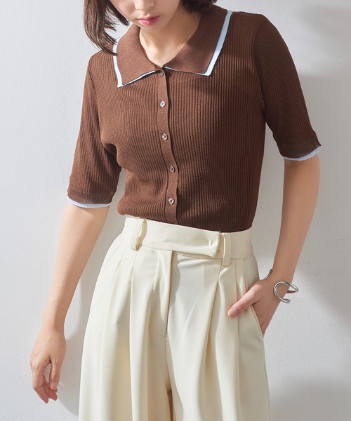 MAISON BREEZE reveur（メゾンブリーズレヴール）の「【MAISON BREEZE reveur】配色リブニットポロシャツ DTK（ポロシャツ・レディース・チャコールグレー/グレー/ブラウン/アイボリー・FREE）」の14枚目の写真