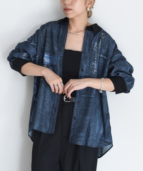 新品　今季　新作　エイミーロウ　デニムMIXドロストシャツ　ブラック 新品 今季 新作 エイミーロウ デニムMIXドロストシャツ ブラック