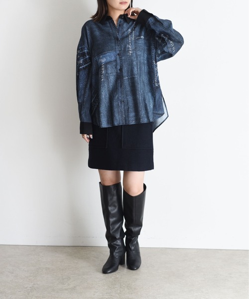 新品　今季　新作　エイミーロウ　デニムMIXドロストシャツ　ブラック 新品 今季 新作 エイミーロウ デニムMIXドロストシャツ ブラック