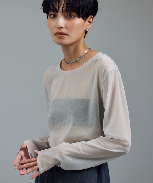 SALON adam et rope'（サロン アダム エ ロペ）の「【WEB限定】トリコットシアーロングTシャツ（Tシャツ/カットソー・レディース・ライトグレー/ブラック/オフホワイト・FREE）」の14枚目の写真