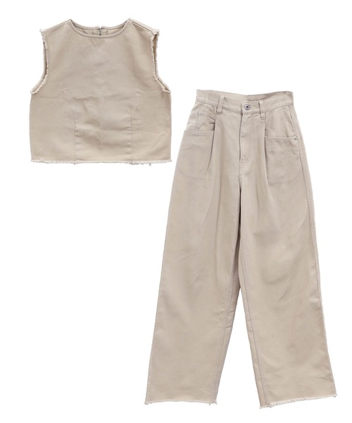 ISOOK（アイスー）の「フリンジデニムセットアップ（chiica original）/ セットアイテム 2点セット セルフカット 低身長 デニムパンツ ノースリーブ（セットアップ・レディース・ベージュ/ブルー・SMALL/MEDIUM）」の12枚目の写真