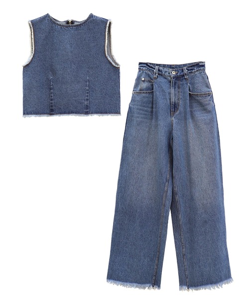 ISOOK（アイスー）の「フリンジデニムセットアップ（chiica original）/ セットアイテム 2点セット セルフカット 低身長 デニムパンツ ノースリーブ（セットアップ・レディース・ベージュ/ブルー・SMALL/MEDIUM）」の16枚目の写真