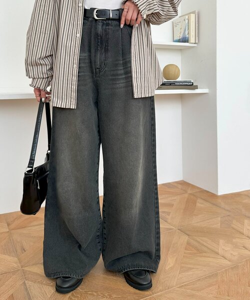 新色追加/ユニセックス】オーバーダイタックデニムワイドパンツ