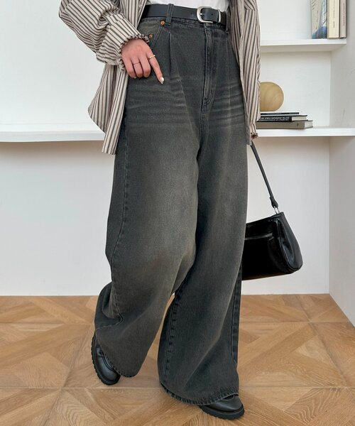 新色追加/ユニセックス】オーバーダイタックデニムワイドパンツ