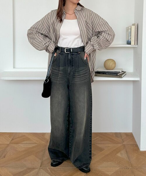 新色追加/ユニセックス】オーバーダイタックデニムワイドパンツ