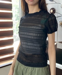 ボーダー風 模様編み 透け感 袖口ゴム入り シアー半袖T