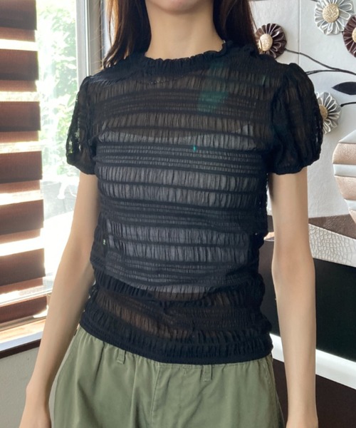 tolene(トレネ)の「ボーダー風 模様編み 透け感 袖口ゴム入り シアー半袖T(Tシャツ/カットソー・レディース・ブラック/ホワイト・FREE)」の21枚目の写真