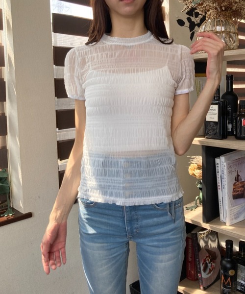 tolene(トレネ)の「ボーダー風 模様編み 透け感 袖口ゴム入り シアー半袖T(Tシャツ/カットソー・レディース・ブラック/ホワイト・FREE)」の3枚目の写真