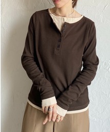 長袖配色レイヤードヘンリーネックリブトップス/ロンT