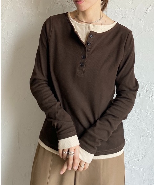 セール】長袖配色レイヤードヘンリーネックリブトップス/ロンT