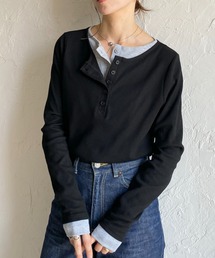 She's Closet（シーズクローゼット）の「長袖配色レイヤードヘンリーネックリブトップス/ロンT（Tシャツ/カットソー）」