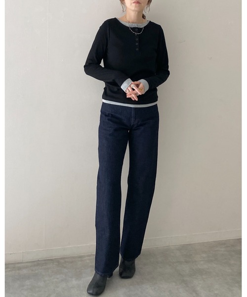 She's Closet(シーズクローゼット)の「長袖配色レイヤードヘンリーネックリブトップス/ロンT(Tシャツ/カットソー・レディース・ブラウン/チャコールグレー/ブラック/ベージュ・FREE)」の13枚目の写真