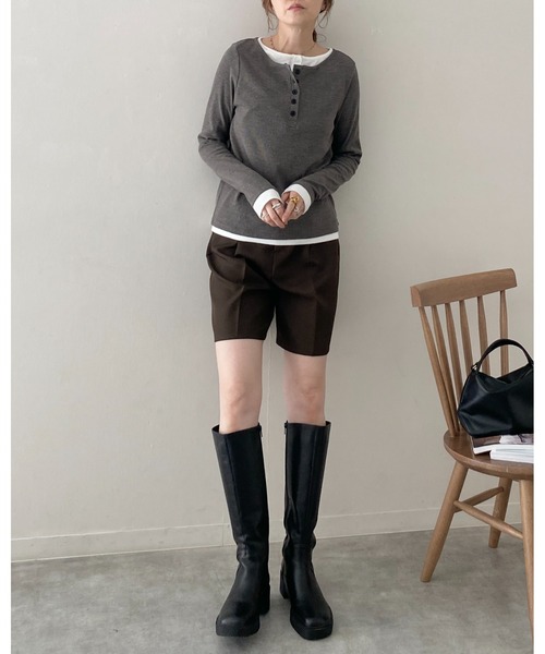 セール】長袖配色レイヤードヘンリーネックリブトップス/ロンT