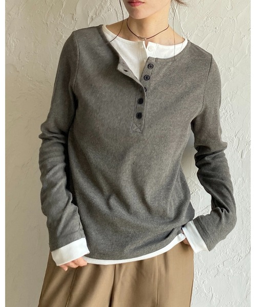 セール】長袖配色レイヤードヘンリーネックリブトップス/ロンT（T