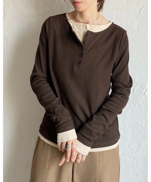 セール】長袖配色レイヤードヘンリーネックリブトップス/ロンT（T