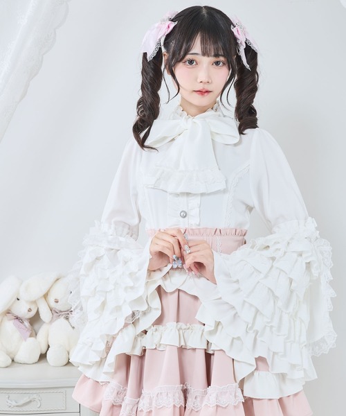 BABY Dear Roseフリル衿ブラウス(オフ白×黒) フリルハイネックレースリボンプリンセスブラウス（シャツ/ブラウス