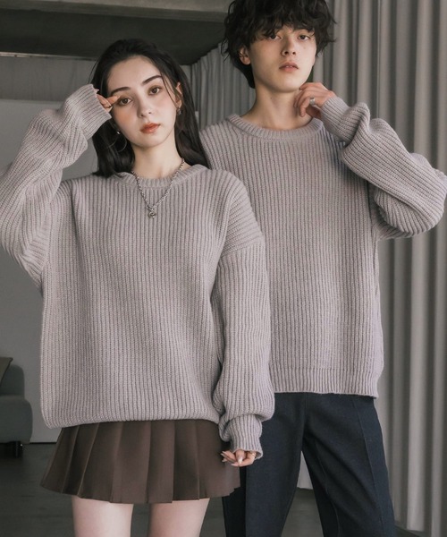 レース付きグレー長袖ニットセーター Sawa a la mode レディース トップス ニット セーター グレー