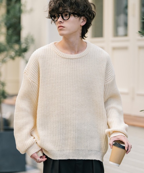 セール】新色追加 オーバーサイズ畦編みクルーネック長袖ニット