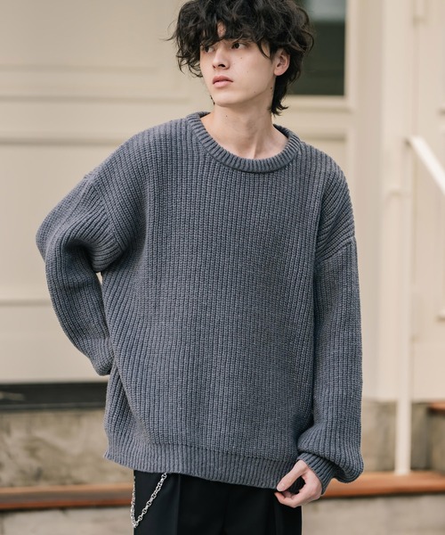 セール】新色追加 オーバーサイズ畦編みクルーネック長袖ニット