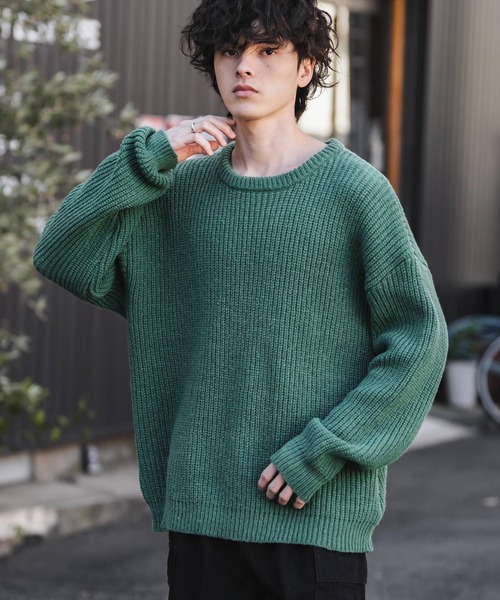 セール】新色追加 オーバーサイズ畦編みクルーネック長袖ニット