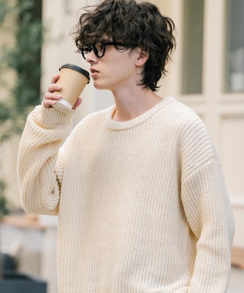 オーバーサイズ畦編みクルーネック長袖ニットセーター（ニット