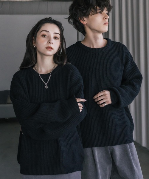 オーバーサイズ畦編みクルーネック長袖ニットセーター（ニット