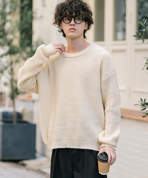 オーバーサイズ畦編みクルーネック長袖ニットセーター（ニット