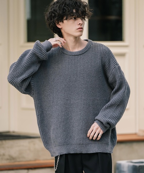 オーバーサイズ畦編みクルーネック長袖ニットセーター（ニット