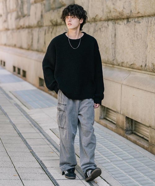 オーバーサイズ畦編みクルーネック長袖ニットセーター（ニット