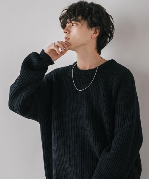 オーバーサイズ畦編みクルーネック長袖ニットセーター（ニット